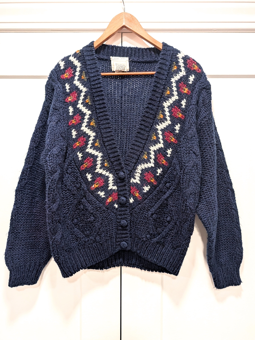 VINTAGE Navy Chunky Knit V-Neck Cardigan Sweater with Floral Accents